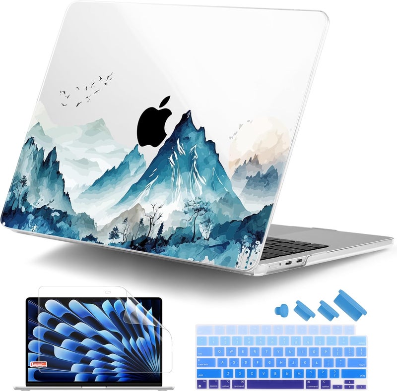 DONGKE Compatible with M4 MacBook Air 15 inch Case 2025 2024 2023 A3241 A3114 A2941 M3 M2 Liquid Retina Display Touch ID, Plastic Hard Case & Keyboard Skin & Screen Protector - Watercolor Mountain - Image 1